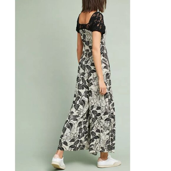 Anthropologie Jumpsuit Wide Leg Women 0 Crop Leaf Floral Black Lace Short Sleeve - Picture 8 of 12